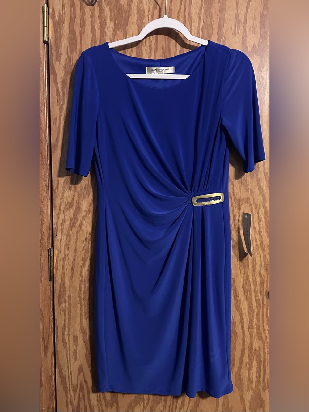 *NWT* Evan Picone Cobalt Blue Draped Midi Evening Dress with Gold Accent Size 4